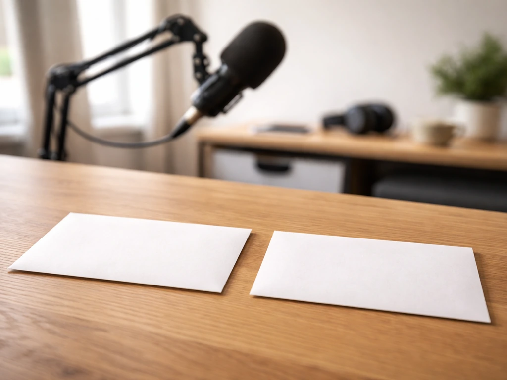 Podcast studio desk with two contrasting envelopes—one labeled revenue and one labeled personal earnings—shown as blank,