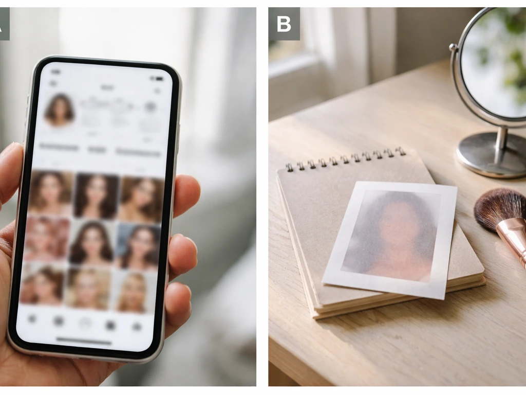 Minimal two-panel collage: blurred beauty profile on phone and anonymous Puerto Rico–themed desk with obscured identity