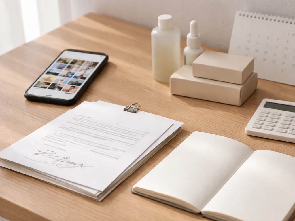 Minimal desk scene with smartphone thumbnails, blank contracts, and small product inventory for creator revenue.