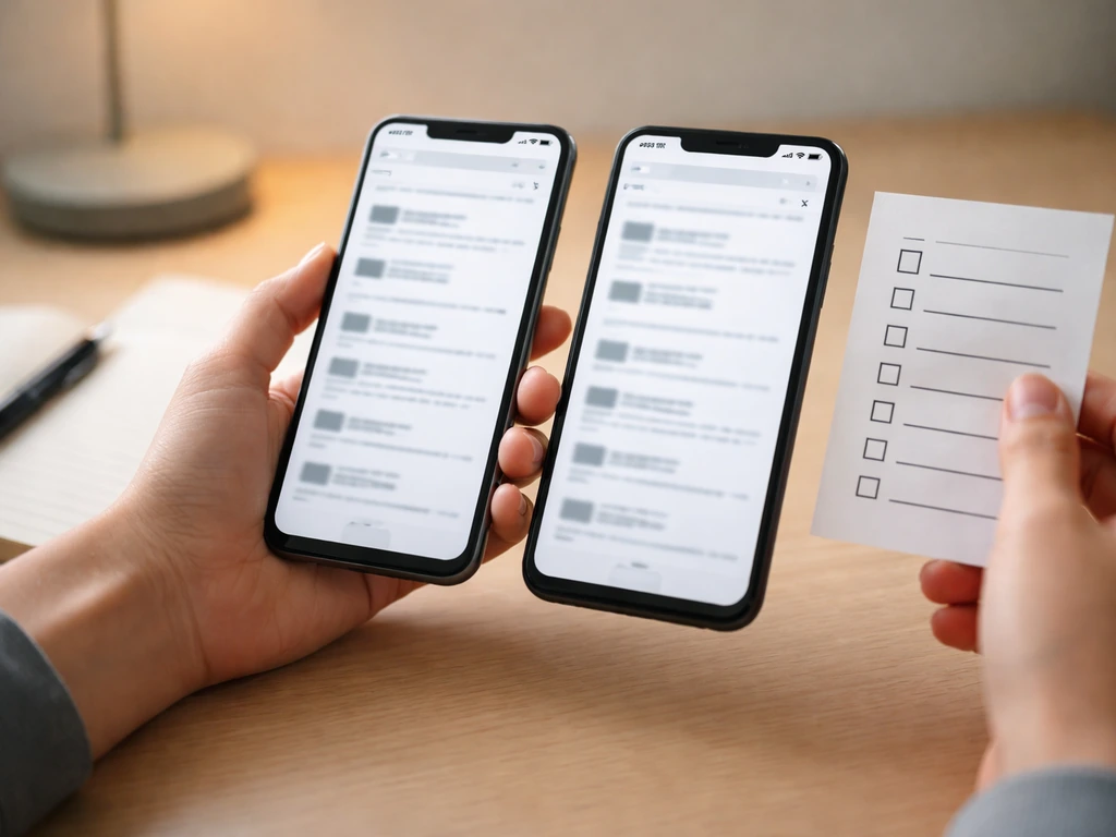 Hand comparing two smartphone search result cards beside a checklist notepad in a quiet home office.