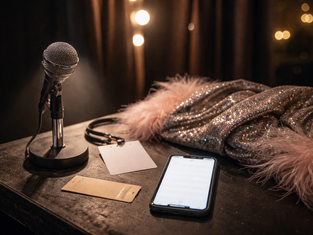 Minimal photo collage feel showing a stage mic and spotlight, glam costume fabric, venue pass, and phone
