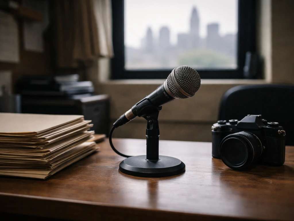 Unbranded microphone and production-office desk items in natural light, suggesting entertainment career research.