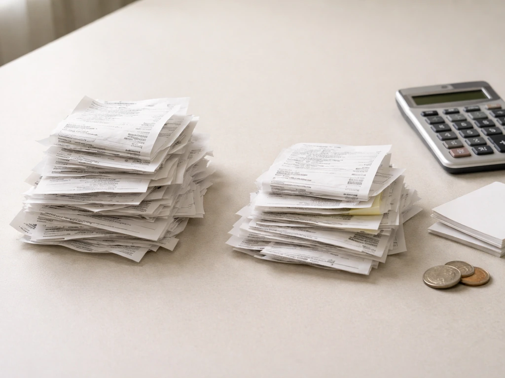 Minimal photo of two piles of receipts with one marked for taxes and expenses being removed, symbolizing gross vs net.