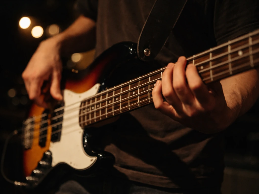 Anonymous hands playing an electric bass on a small live stage with soft bokeh lights.