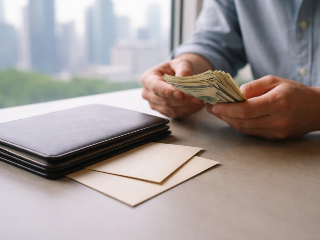 Anonymous hands counting cash on a desk beside a leather portfolio, with a blurred city skyline.