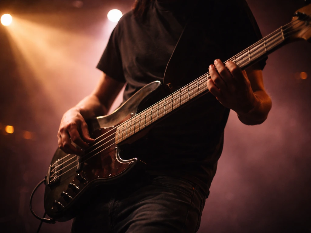 Anonymous bassist playing electric bass under warm stage lights during a live performance