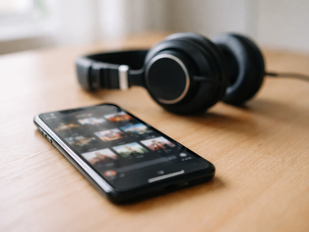 Smartphone on a wooden desk displaying a blurred music streaming screen with headphones nearby.