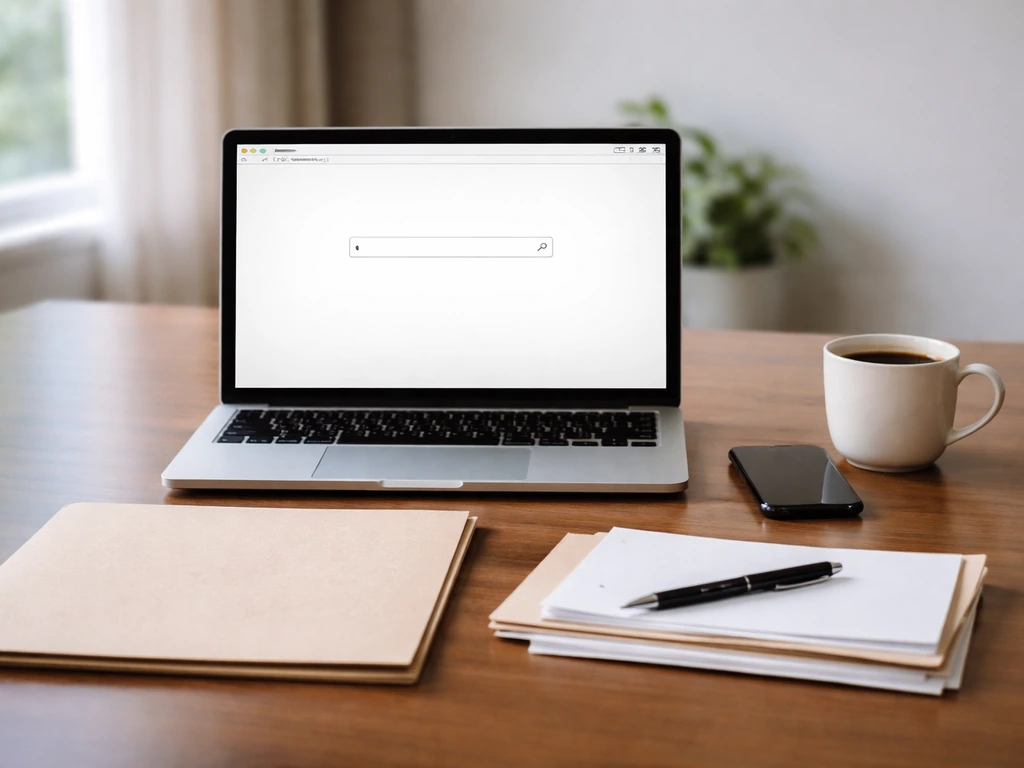 Minimal home-office desk with laptop and phone for trademark-style online verification work.