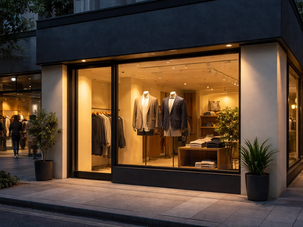 Bengaluru storefront window showing a modern menswear brand vibe with mannequins and clothing racks