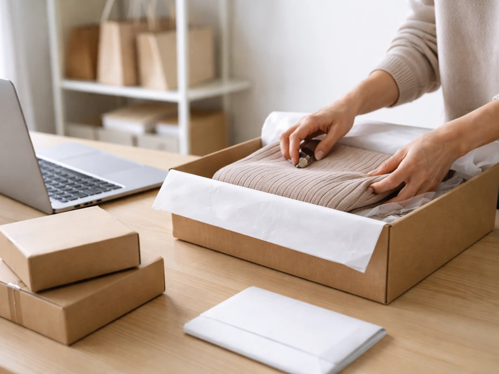 Anonymous hands packing a parcel on a simple table with generic boxes and shipping items in view.