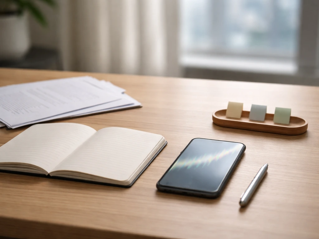 Minimal desk scene with scattered documents and a smartphone showing a blurred upward movement