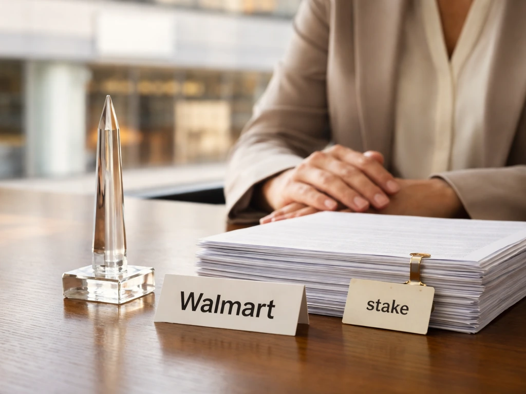 Anonymous hands by a minimal desk with documents and a stake-shaped glass paperweight, retail storefront backdrop
