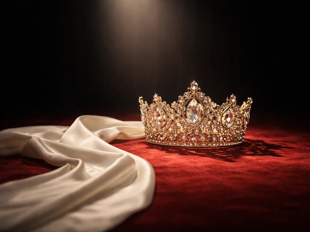 Miss Universe crown and jeweled sash resting under dramatic stage spotlight against dark velvet backdrop