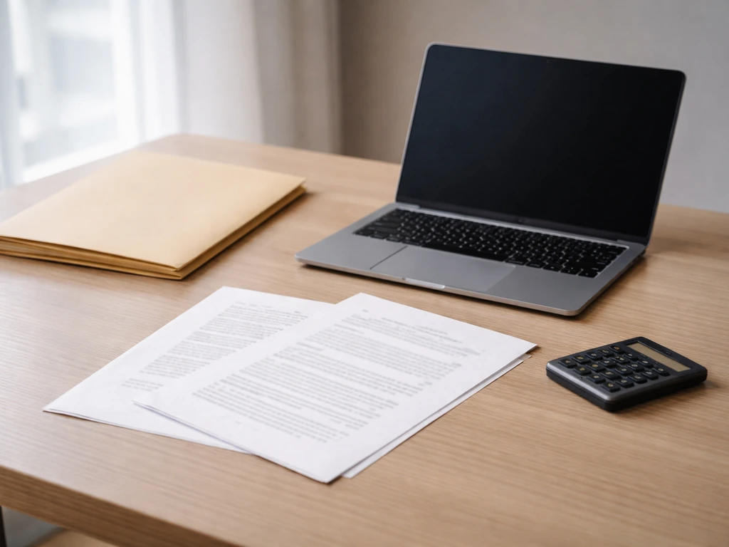 Minimal photo of a desk with a laptop and a printed stock filing folder, suggesting valuation anchors