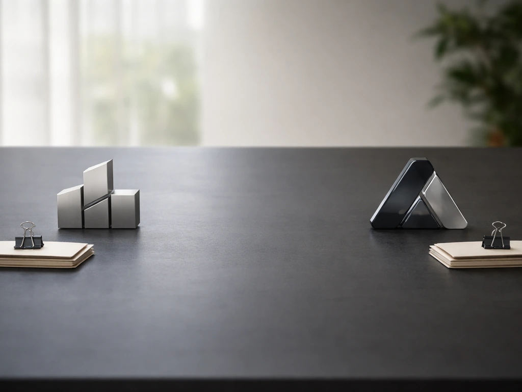 Minimal split-ownership scene: two abstract business emblems facing each other across a dark desk.