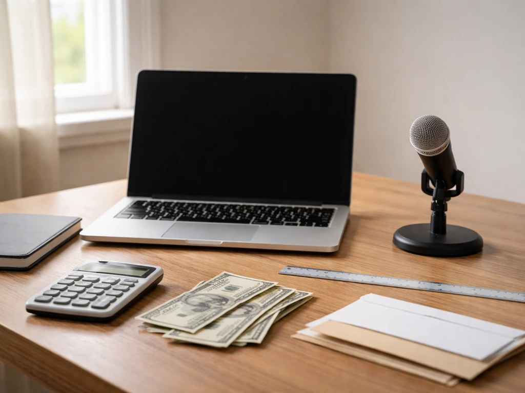 Minimal office desk with an open laptop, cash-like props, and a small camera—symbolic business value range
