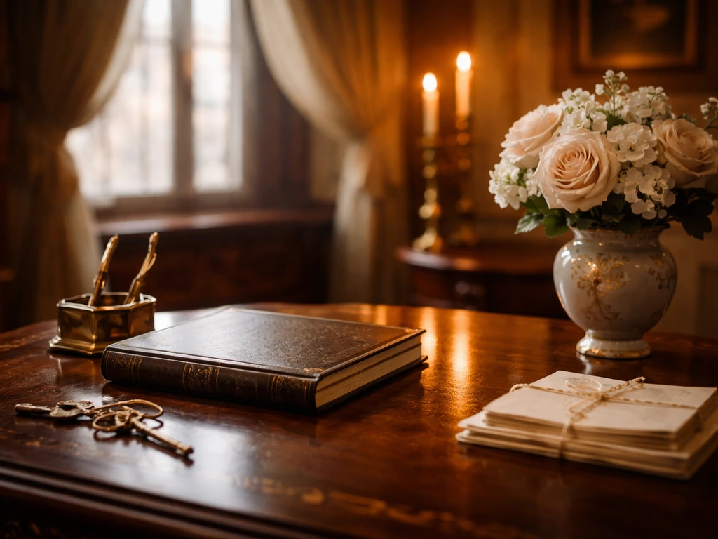 Elegant royal-style desk and ledger in warm palace interior, symbolizing wealth and public scrutiny.