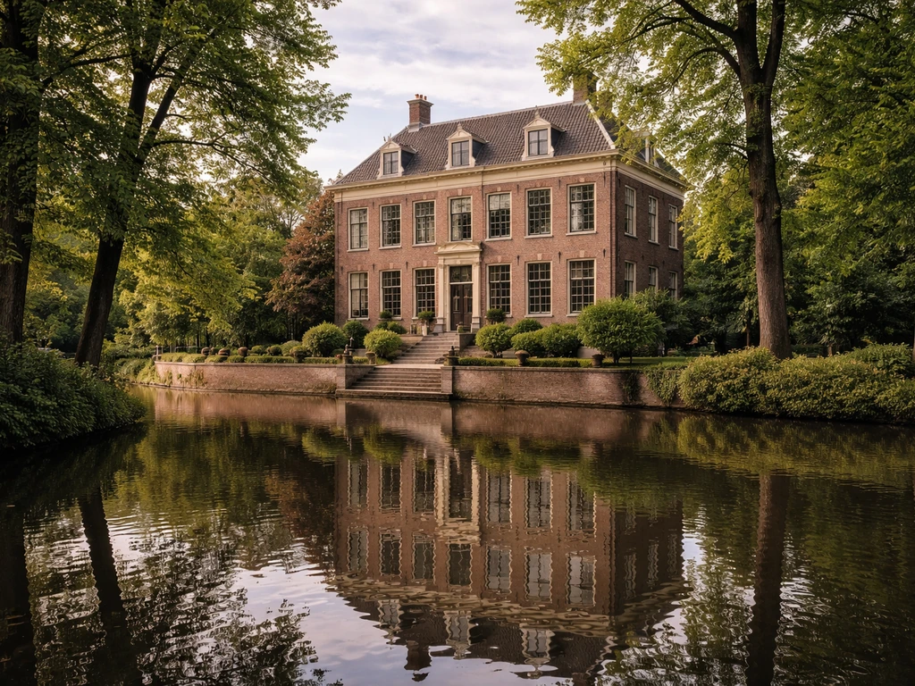 Modern Dutch countryside scene with an elegant canal house and mature trees, suggesting royal estate wealth