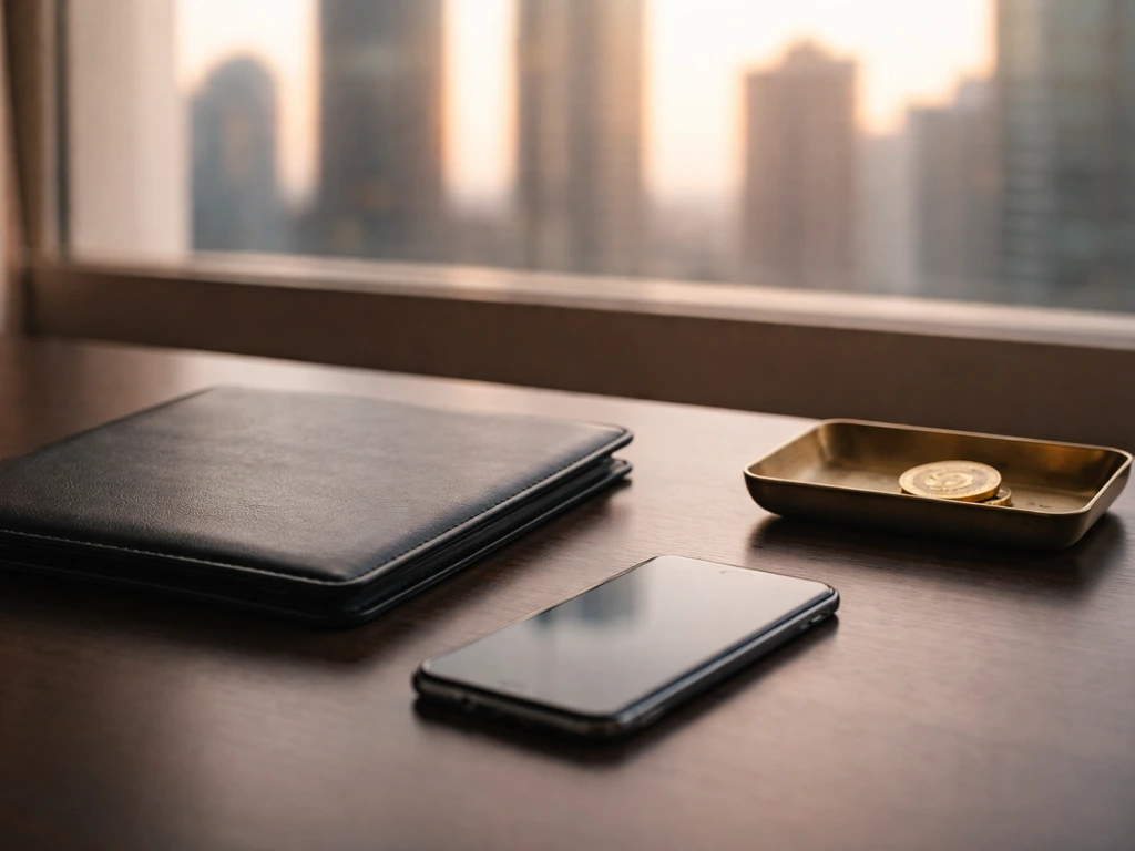 Minimal luxury desk with portfolio and gold coin, city lights blurred in background, symbolizing a bottom-line wealth ra