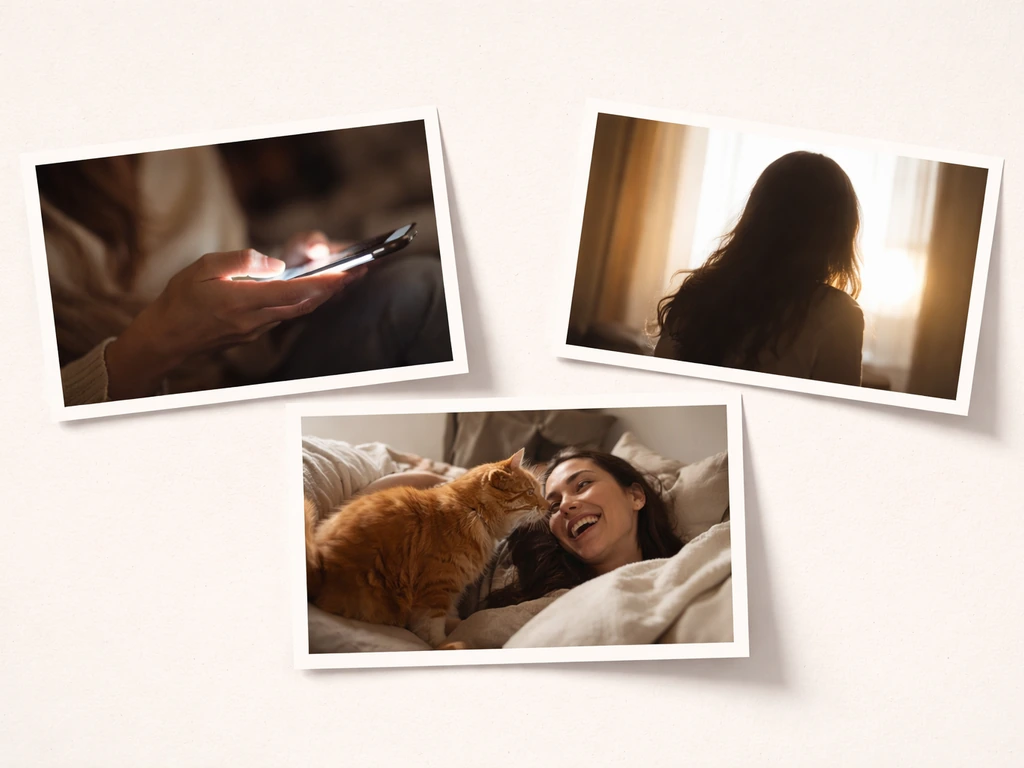 Minimal collage of three generic viral-style photo frames and silhouettes on a neutral surface.