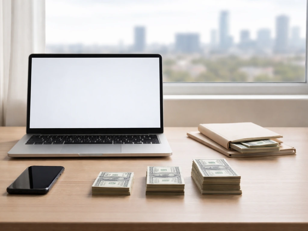 Minimal desk scene with three small cash piles near a blank laptop and smartphone, symbolizing money estimates.