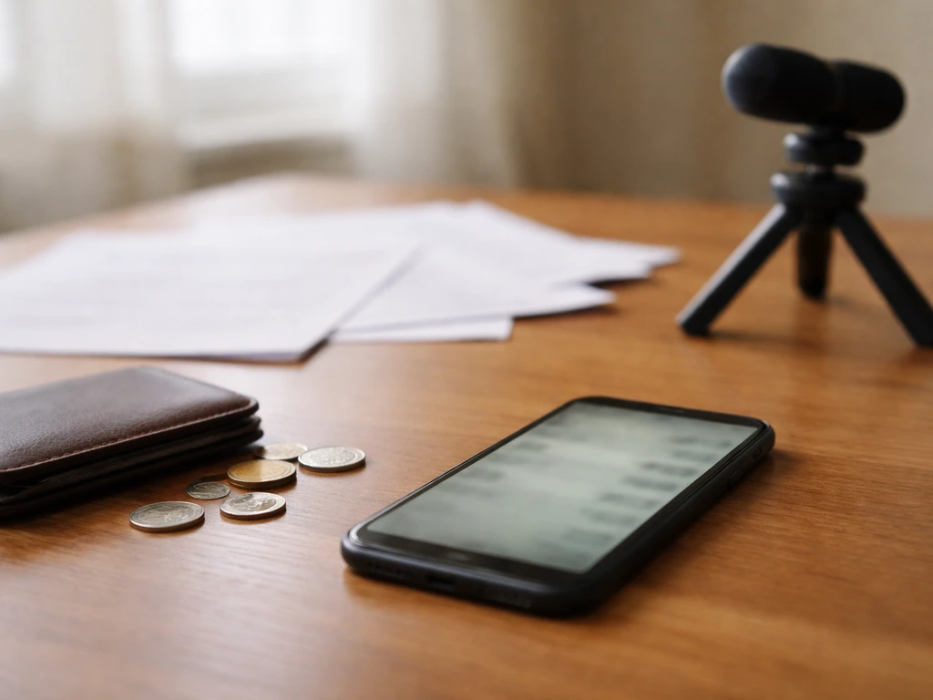 Simple desk scene with money papers and a smartphone showing changing values, illustrating varying net worth estimates.