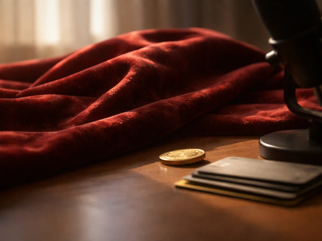 Close-up red velvet fabric with a gold coin and credit cards, hinting at wealth estimates.