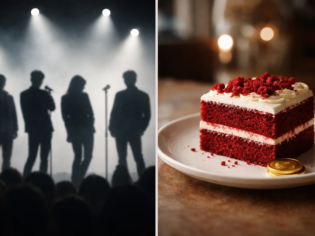 Split image: anonymous stage silhouettes on one side and a red velvet dessert with a gold coin on the other.