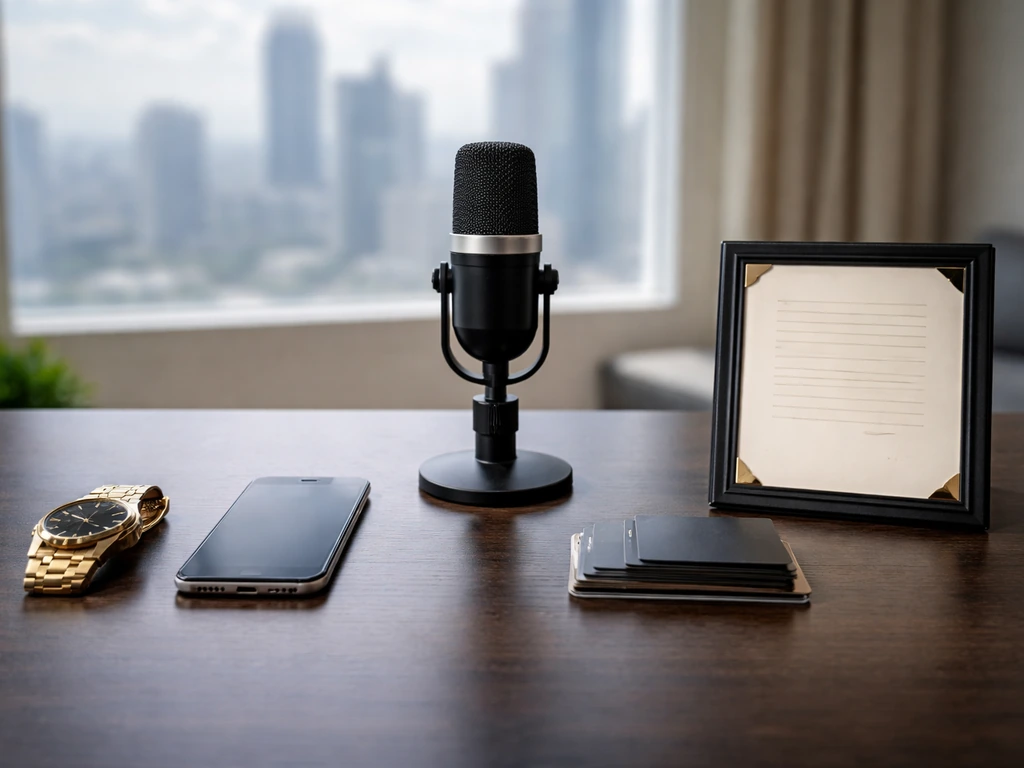 Five luxury desk items symbolizing member-level net worth estimates, with a soft city view behind.