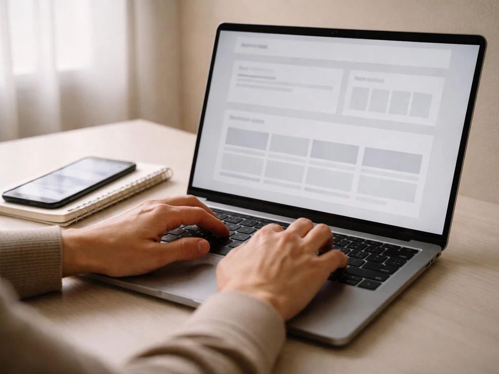 Hands reviewing a blurred webpage on a laptop, desk items suggesting net worth page verification areas.
