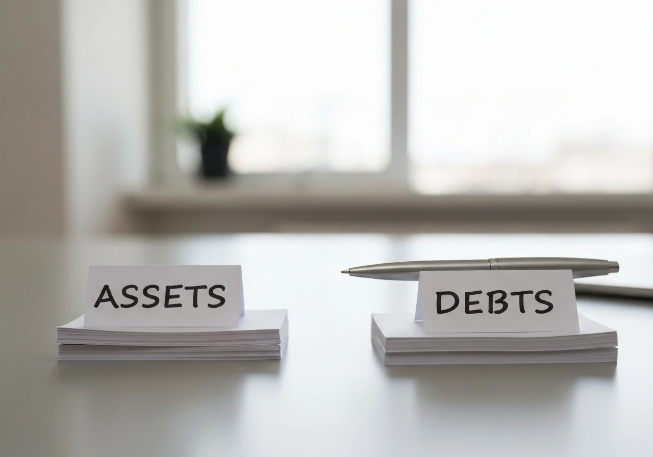 Minimal photo of two paper stacks labeled assets and debts with a pen over a desk, symbolizing net worth