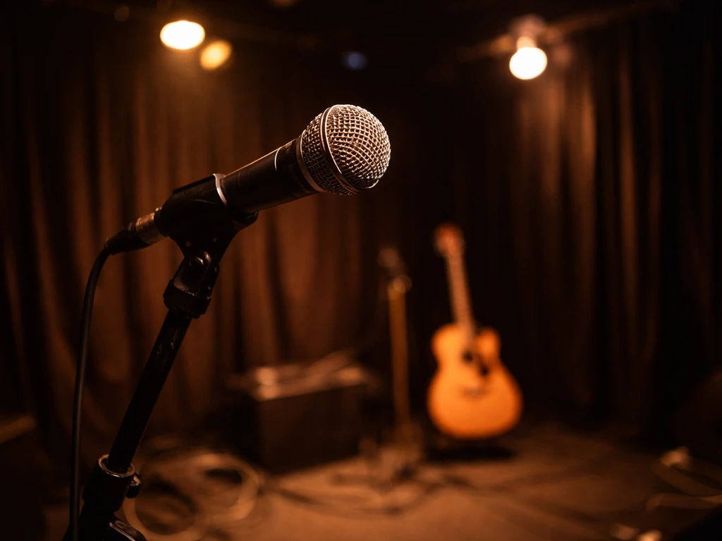 Singer performing with a microphone in a small live venue, warm lights suggesting touring music income