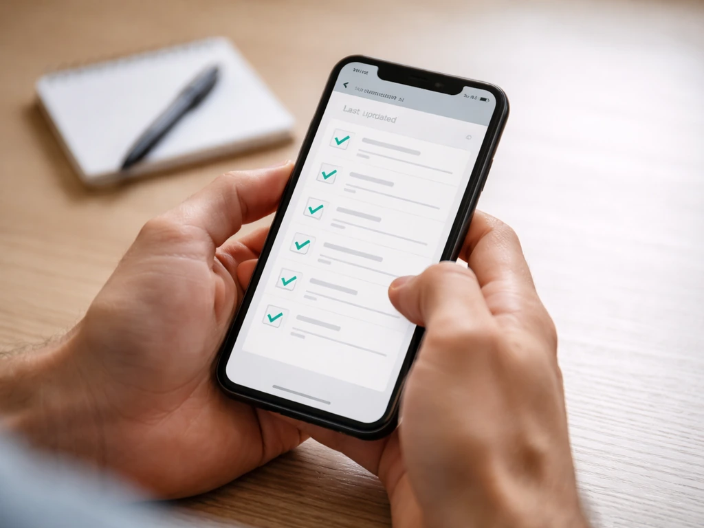 Hand holding smartphone showing a finance website update time and last-updated detail in a checklist-style view