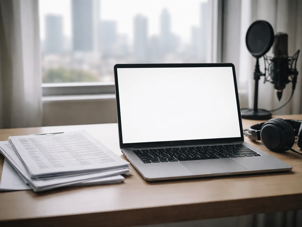 Open laptop and documents on a desk with studio microphone, suggesting estimating public media earnings.