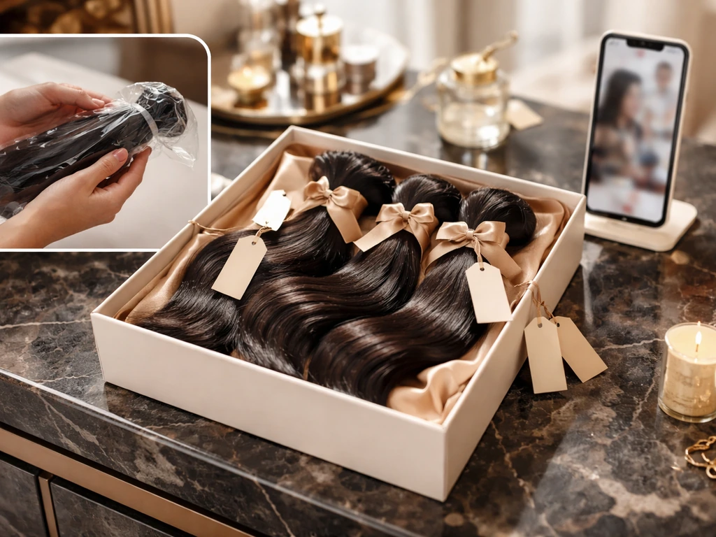 Luxury wig/weave bundles on a vanity with blurred social-commerce backdrop and non-readable tags.