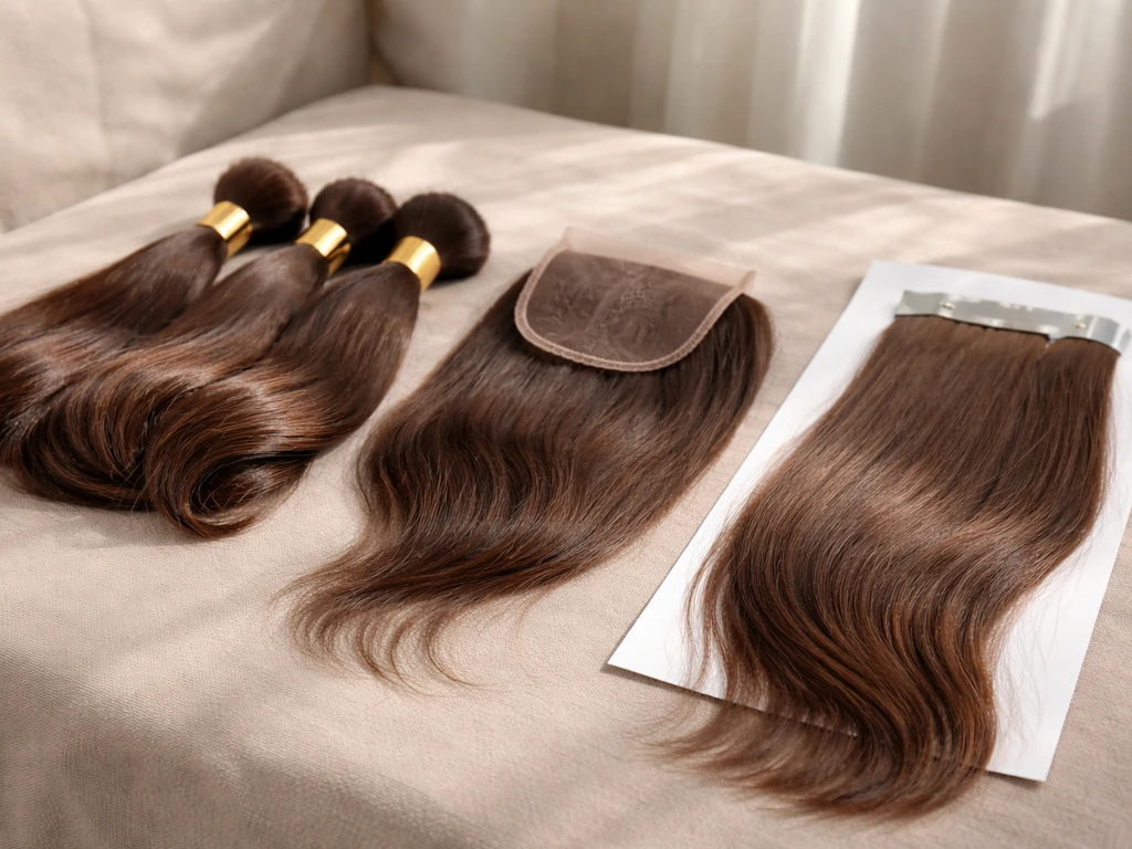 Close-up of 100% virgin hair bundles, closures, and wig/tape-in extension package neatly laid on a tabletop