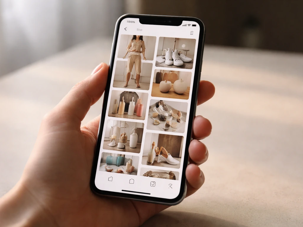 Close-up of a hand holding a smartphone showing a TikTok Shop-style product listing with product cards and engagement ic