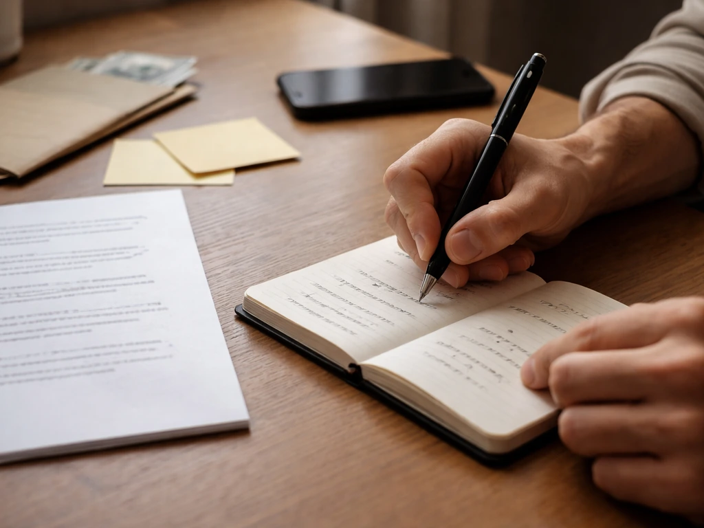 Handwritten business notes and printed review snippets on a desk, suggesting private net-worth estimation.