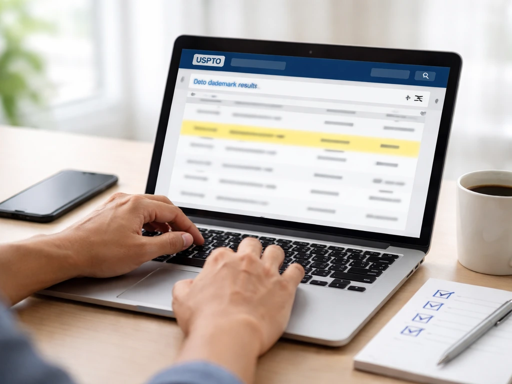 Hands verifying a trademark search on a laptop with a blank checklist beside it.