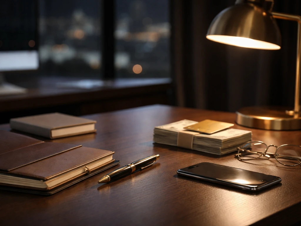 Luxury desk with planner, pen, and financial-style items in a minimalist office, no people.