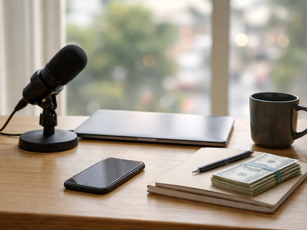 Minimal home-studio desk with laptop, microphone, and neatly placed cash symbolizing digital creator wealth