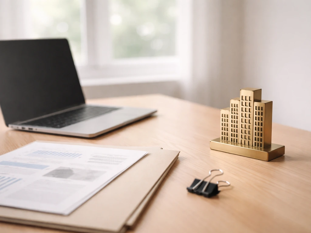 Sunlit desk with a laptop, business documents, and a brass building silhouette symbolizing a holding company asset