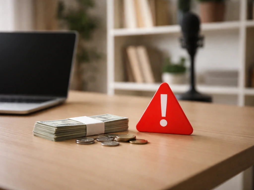 Minimal office scene with scattered bills and a single warning sign near a laptop, symbolizing caution in money estimate