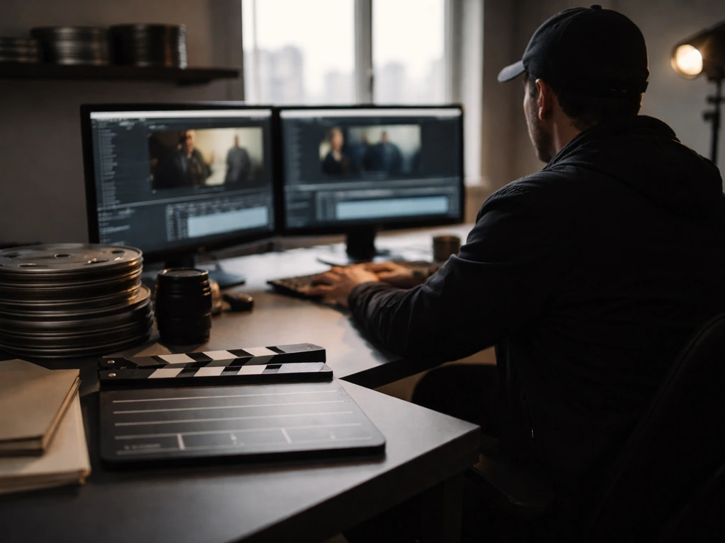 Anonymous film producer at an edit desk with clapperboard and film reels, suggesting directing and producing success.