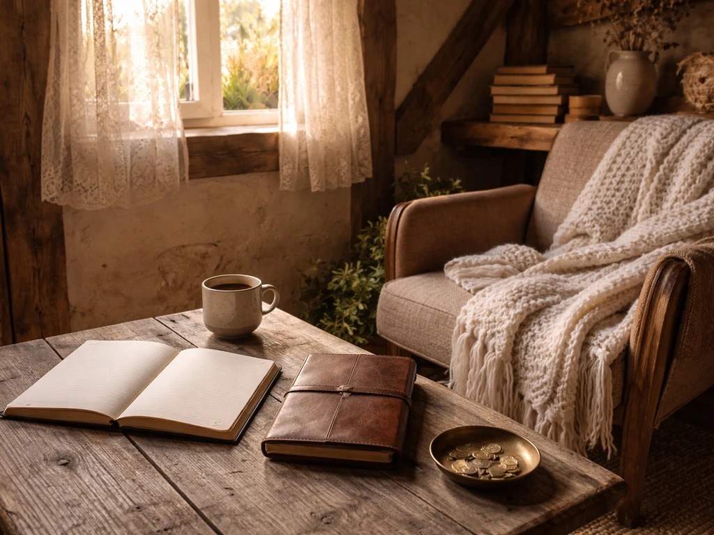 Cottagecore boho cottage living room with warm light, cozy textures, and a subtle financial symbolism
