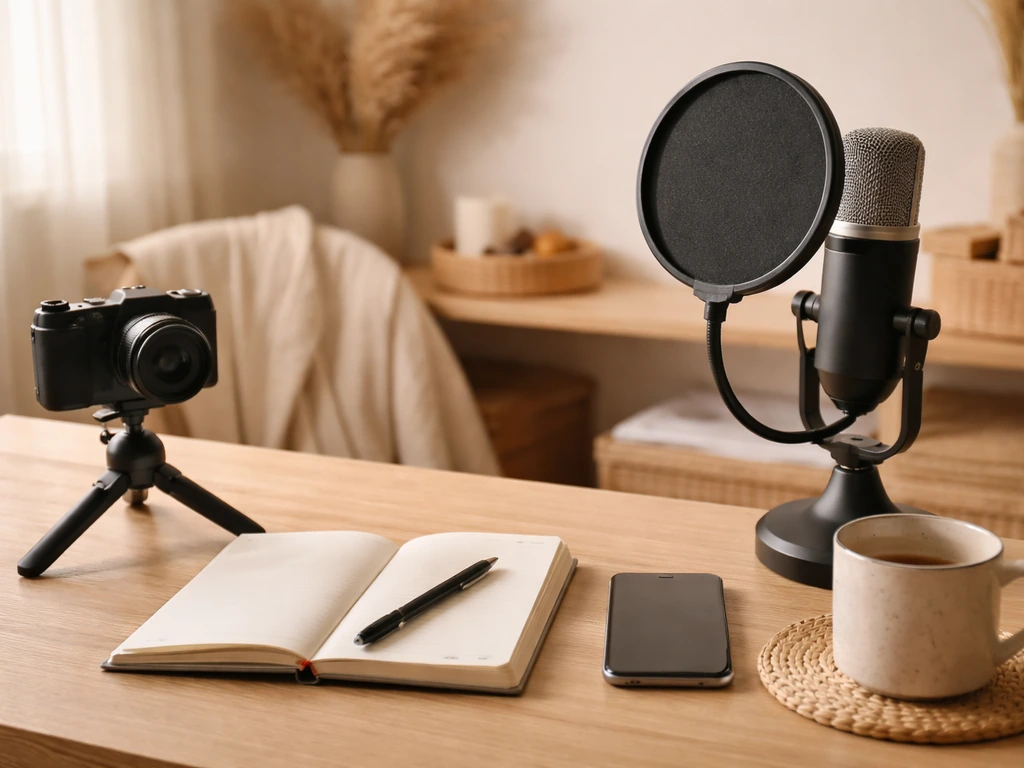 A cozy studio desk setup suggesting a personal creator brand and content creation, no identifiable person