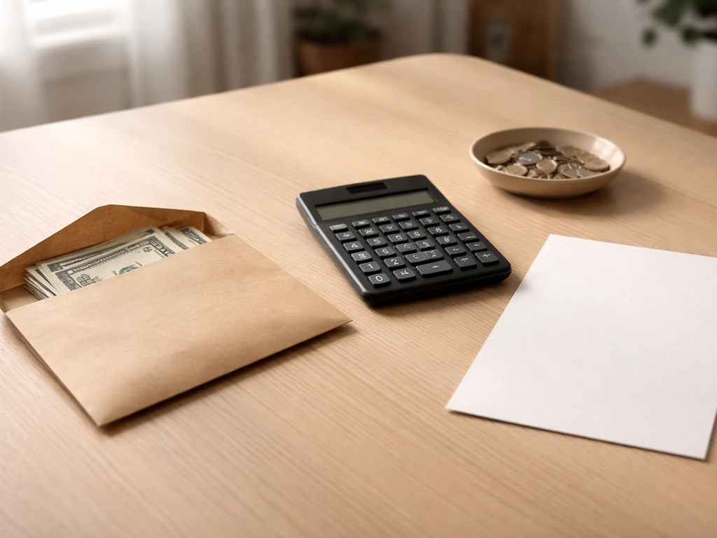Minimal photo of a desk with money envelope, calculator, and calculator-tap feel to suggest a wide net worth range