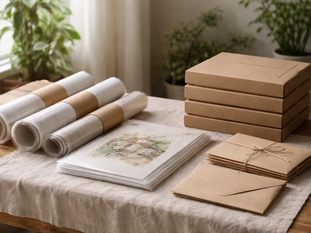 Limited edition art prints and sealed merch packages neatly arranged on a small tabletop