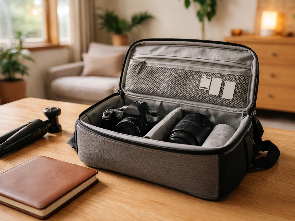 Cozy desk scene with camera gear and memory cards, evoking long-term business assets for a creator brand.