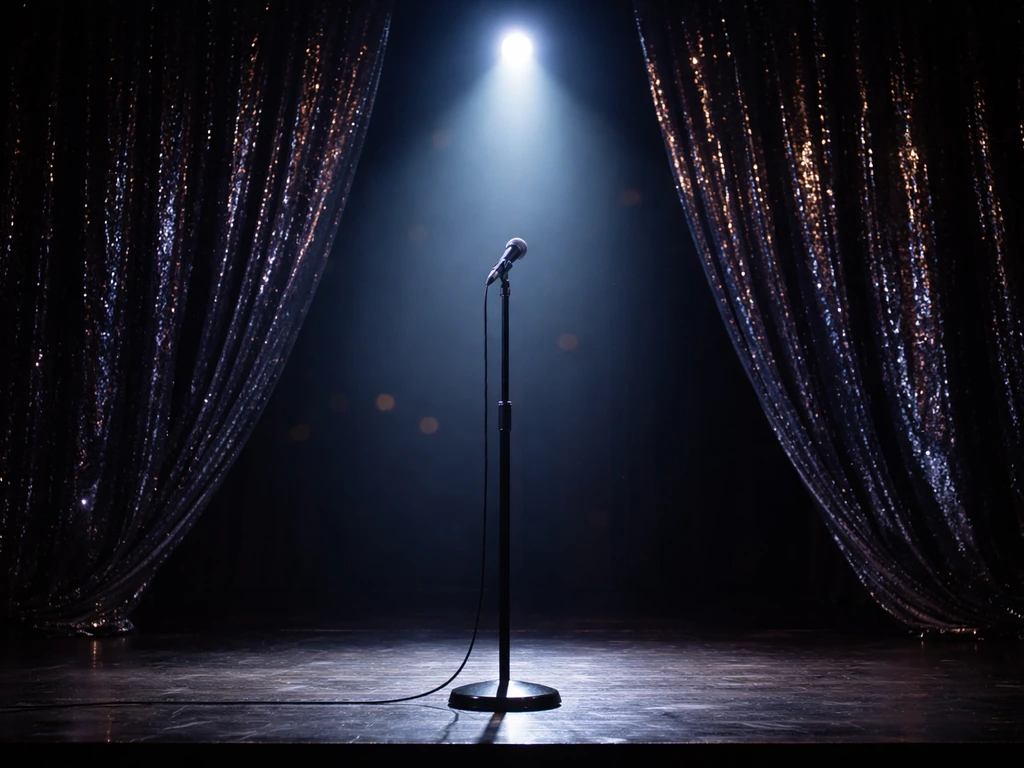 Empty stage spotlight and glittery curtain with a microphone stand, evoking a drag performance and media persona